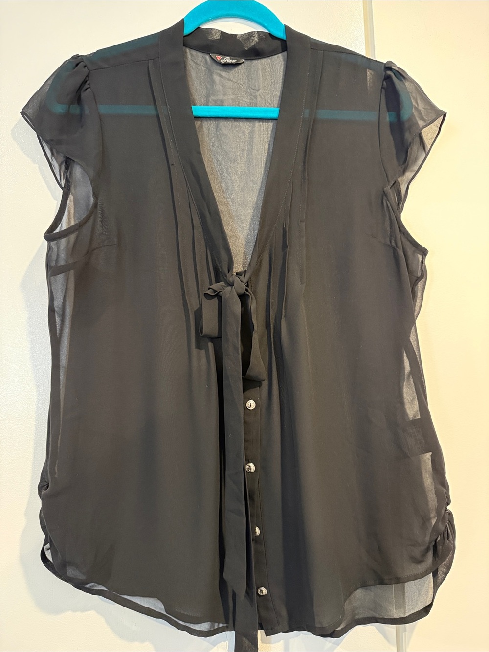 Guess Sheer Black Tie-Front Cap Sleeve Blouse